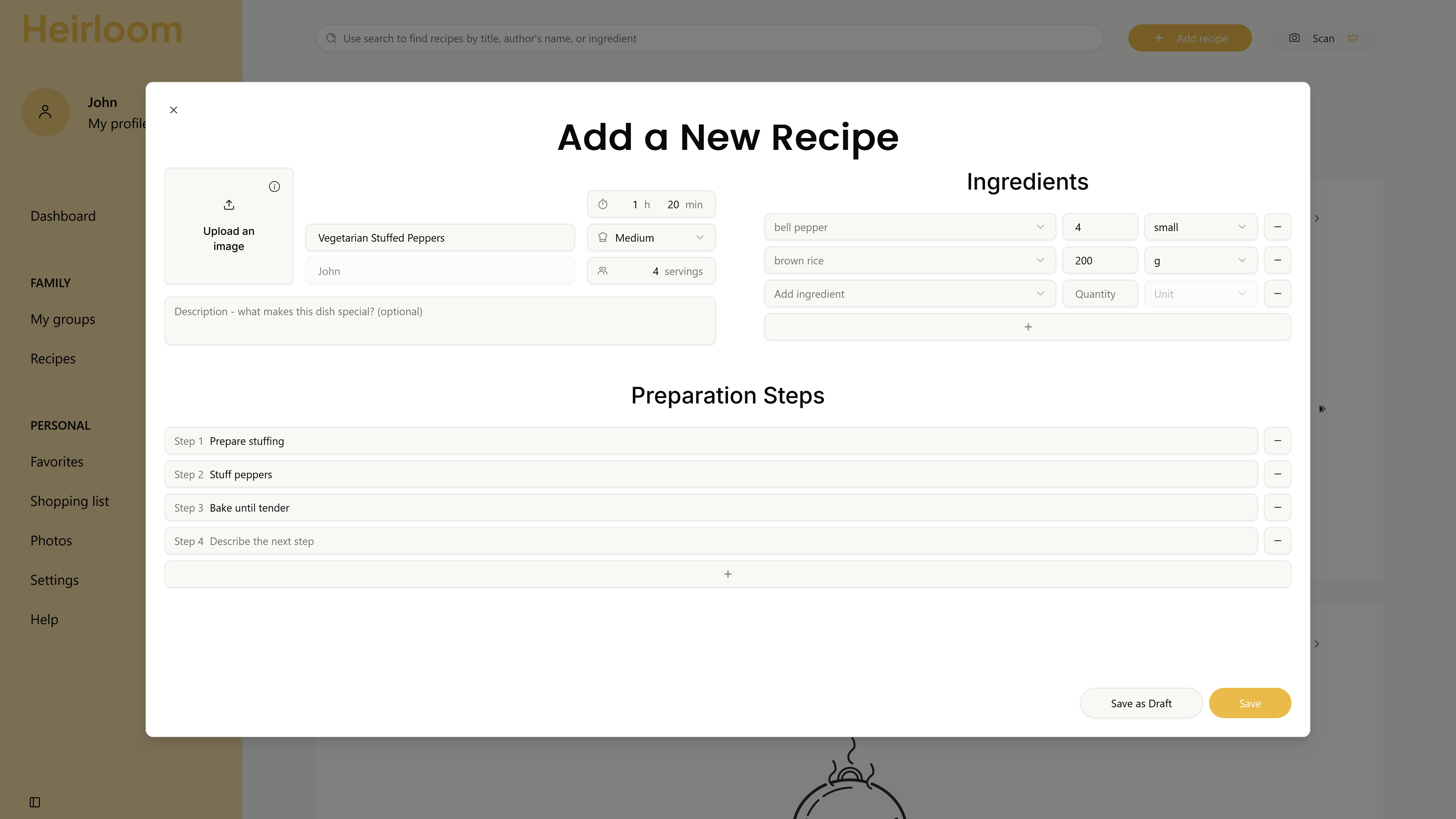 Heirloom add recipe dialog for saving new family dishes