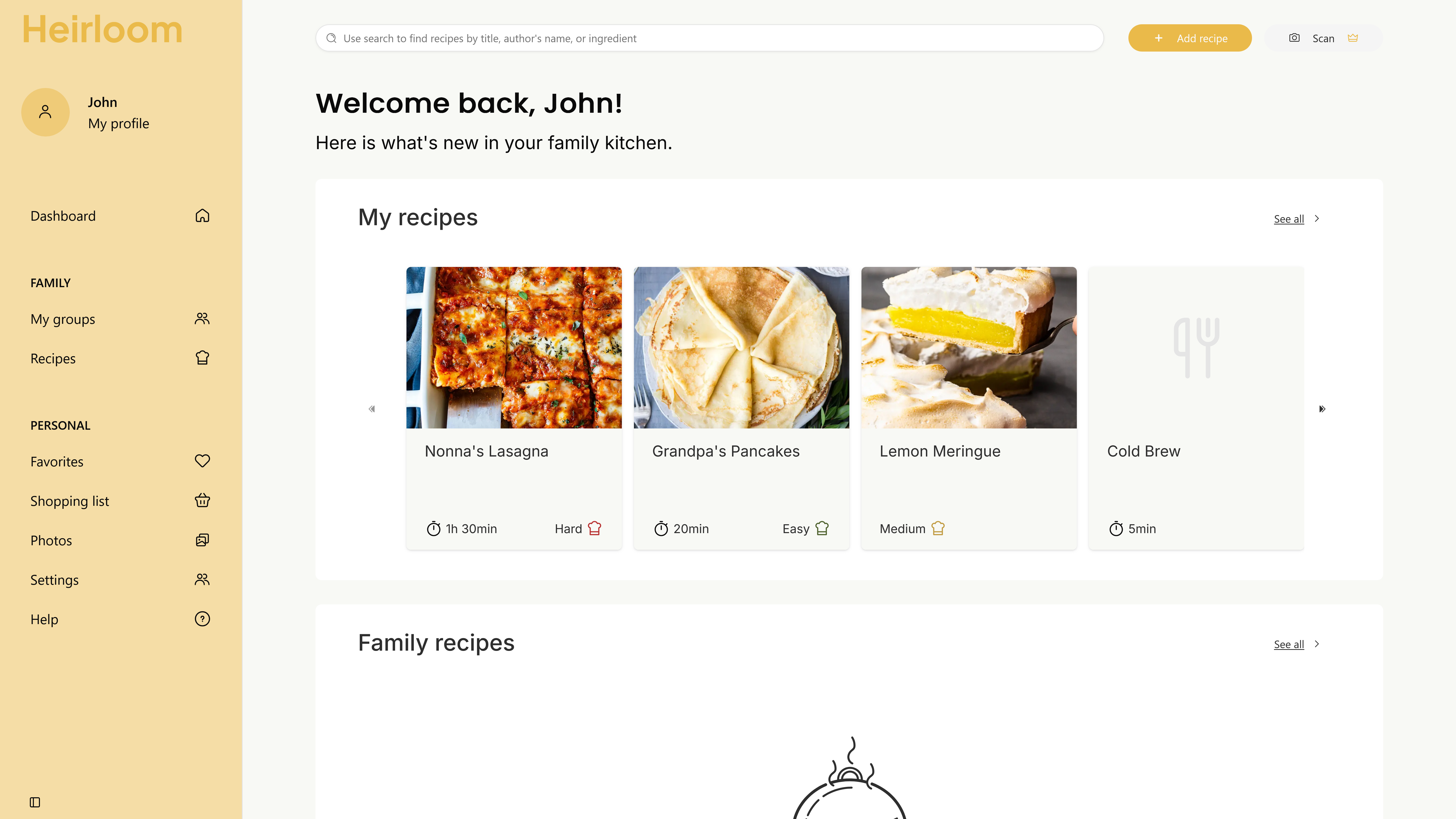 Heirloom dashboard showing saved family recipes and activity