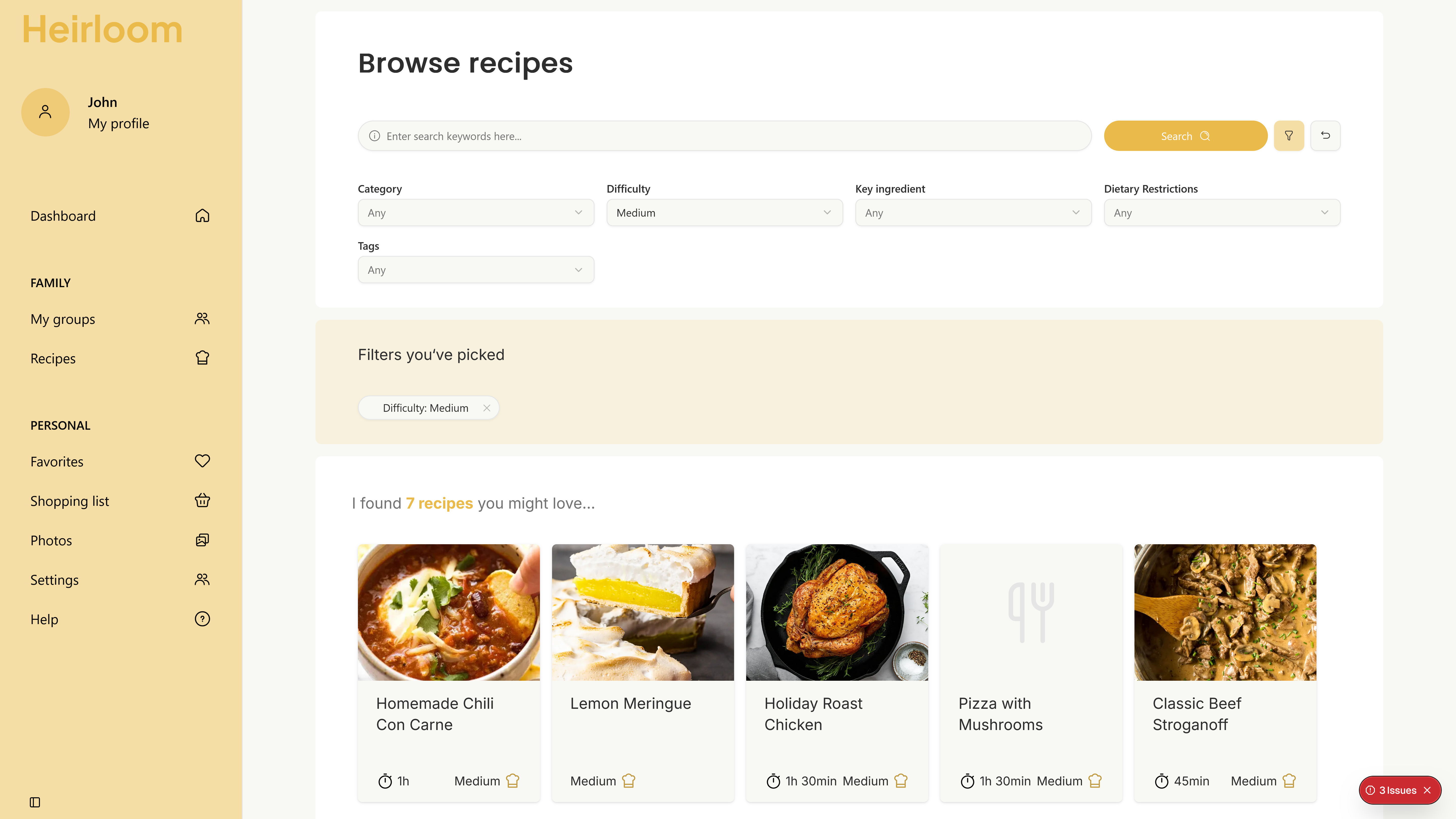 Heirloom recipe search with ingredient and filter options